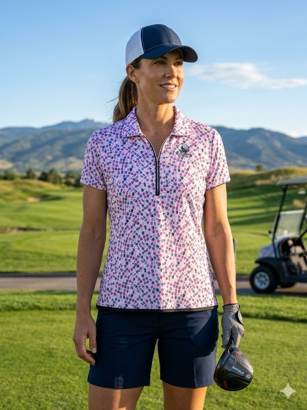 Women's Pink Printed Zip Polo Top